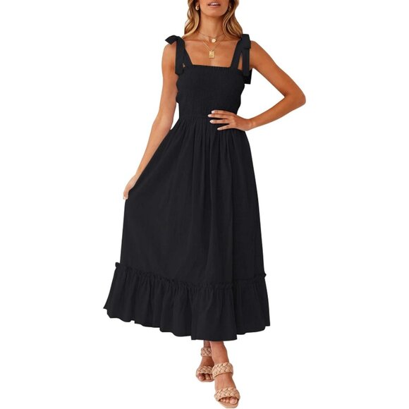 Dresses & Skirts - Women's 2024 Summer Boho Spaghetti Strap Square Neck Solid Color Ruffle A Line B